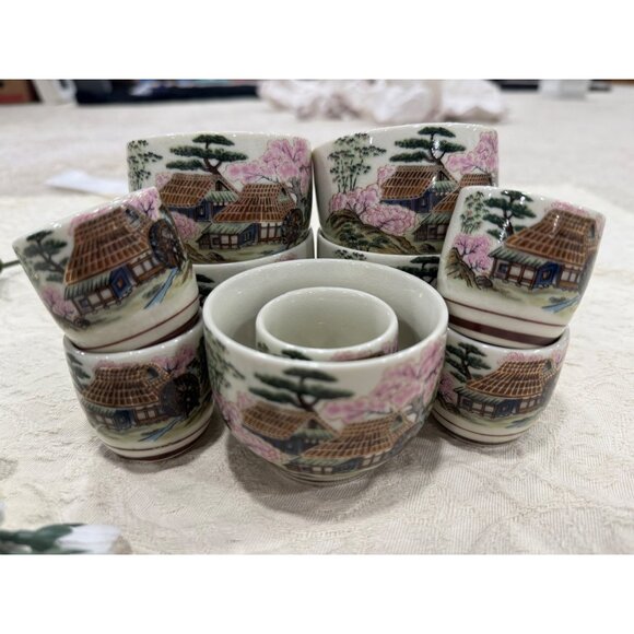 Vintage Japanese Tea Set With Scenic Hand-Painted Village & Cherry Blossoms - Picture 2 of 10
